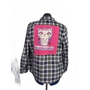 April 25th Flannels – Meowzers Princess Cat Upcycled Plaid Flannel | Unisex M